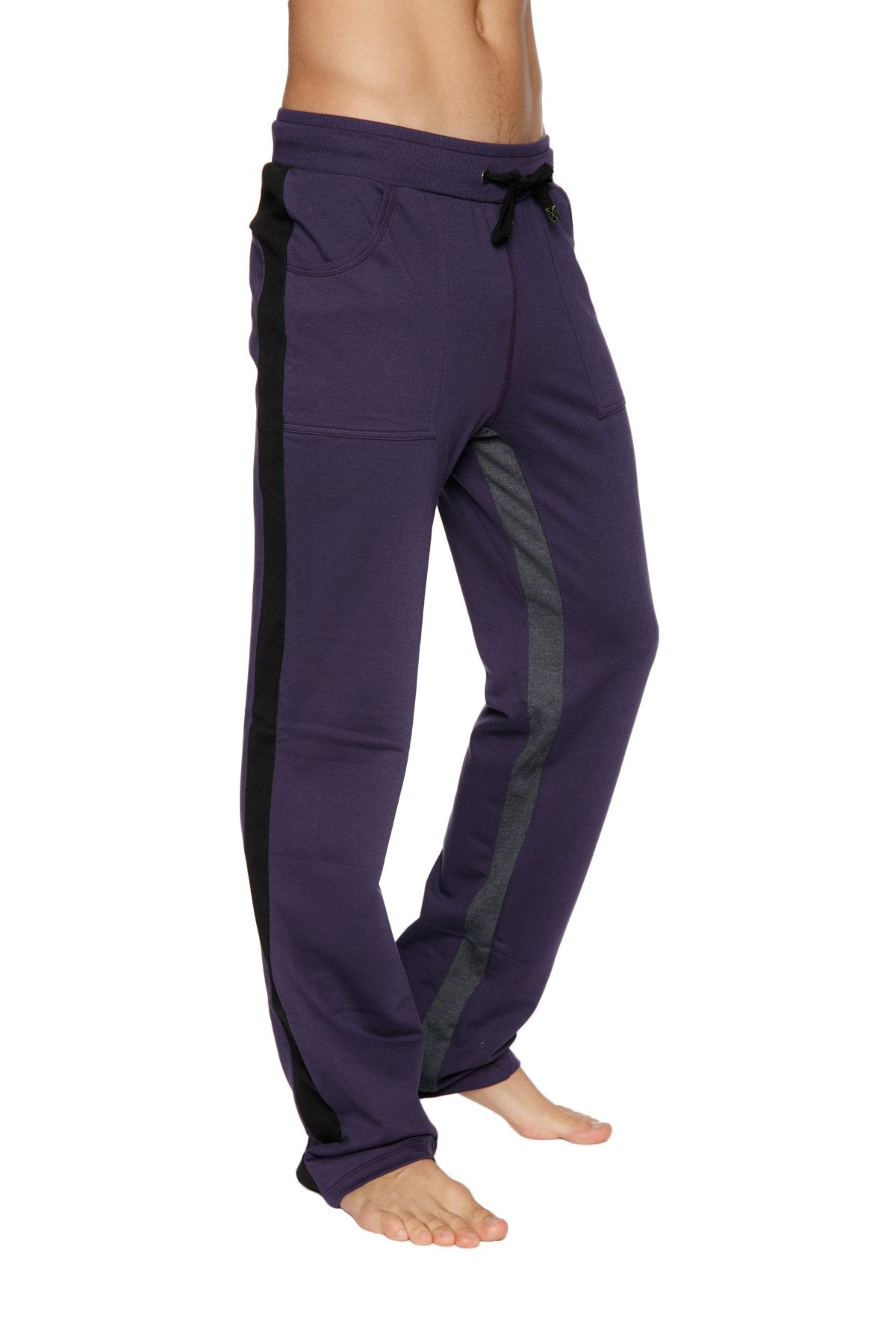Ultra flex yoga track and yoga sweat pant in eggplant with black and charcoal side stripes and a drawstring waistband