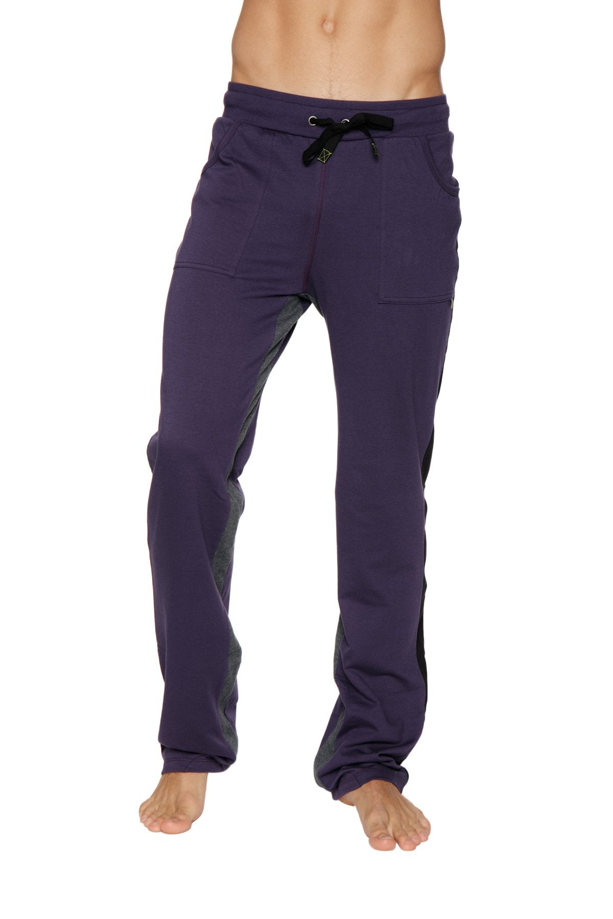 Ultra Flex yoga track and sweat pant in eggplant with black drawstring and side pockets for athletic use
