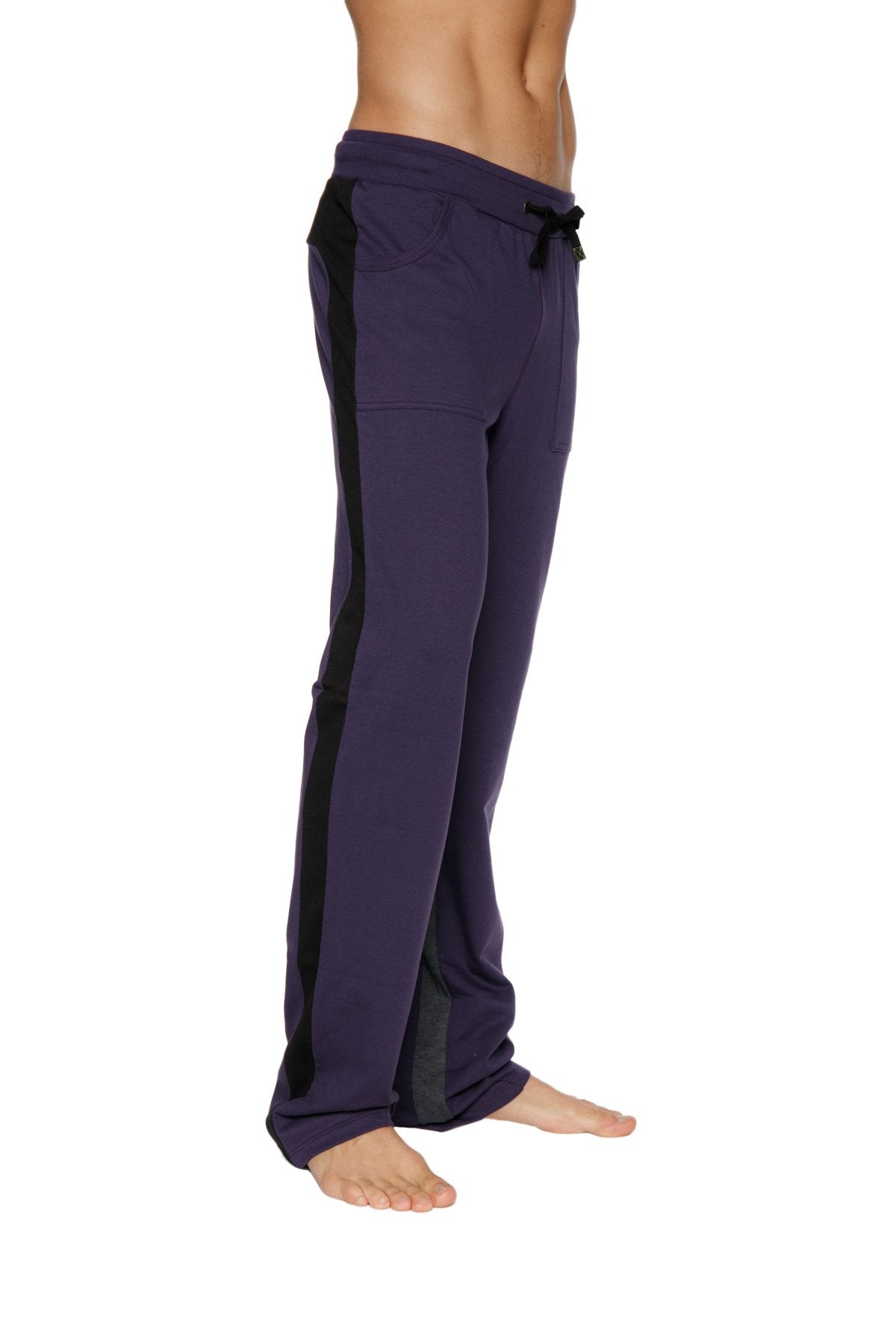 Ultra flex yoga sweat pant in navy blue with black side stripes and drawstring waistband for athletic use