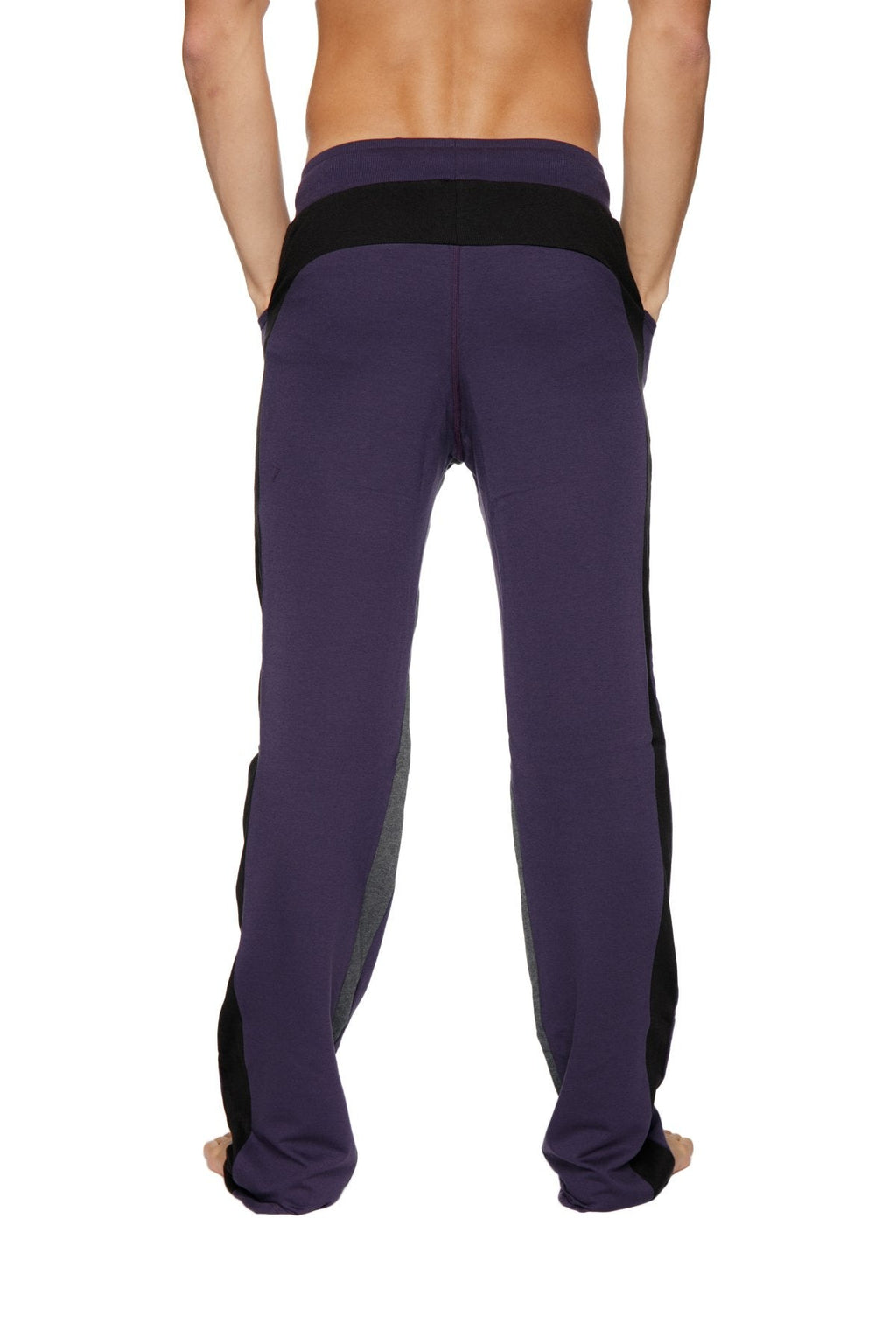 Ultra flex yoga track and sweat pant in eggplant with black side panels and waistband for flexible workouts