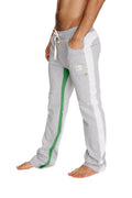 Ultra flex yoga track and yoga sweat pant in grey with white and green side stripes and a drawstring waistband