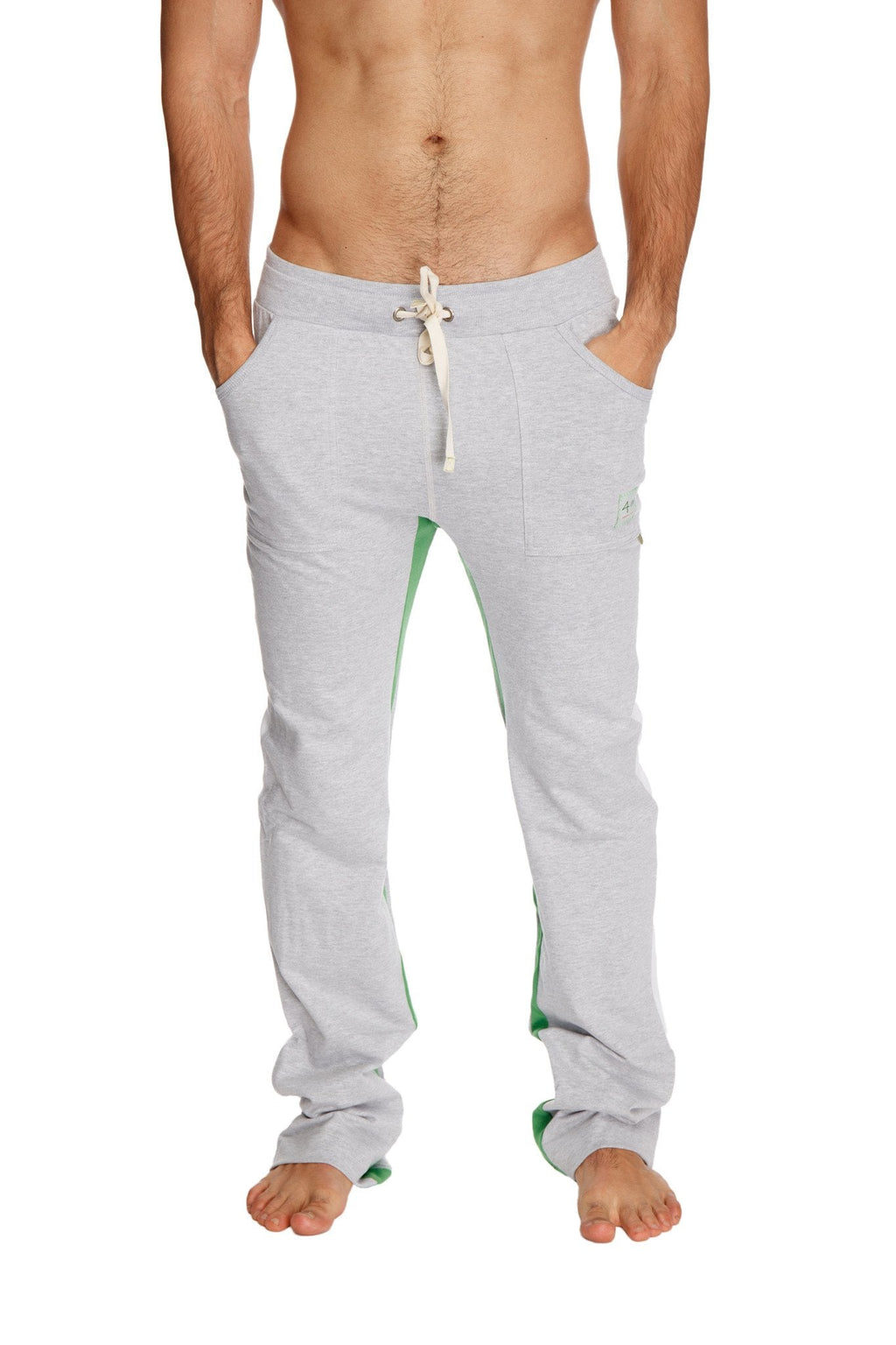 Ultra flex yoga track and yoga sweat pant in grey with white drawstring and green side panels for comfort and style