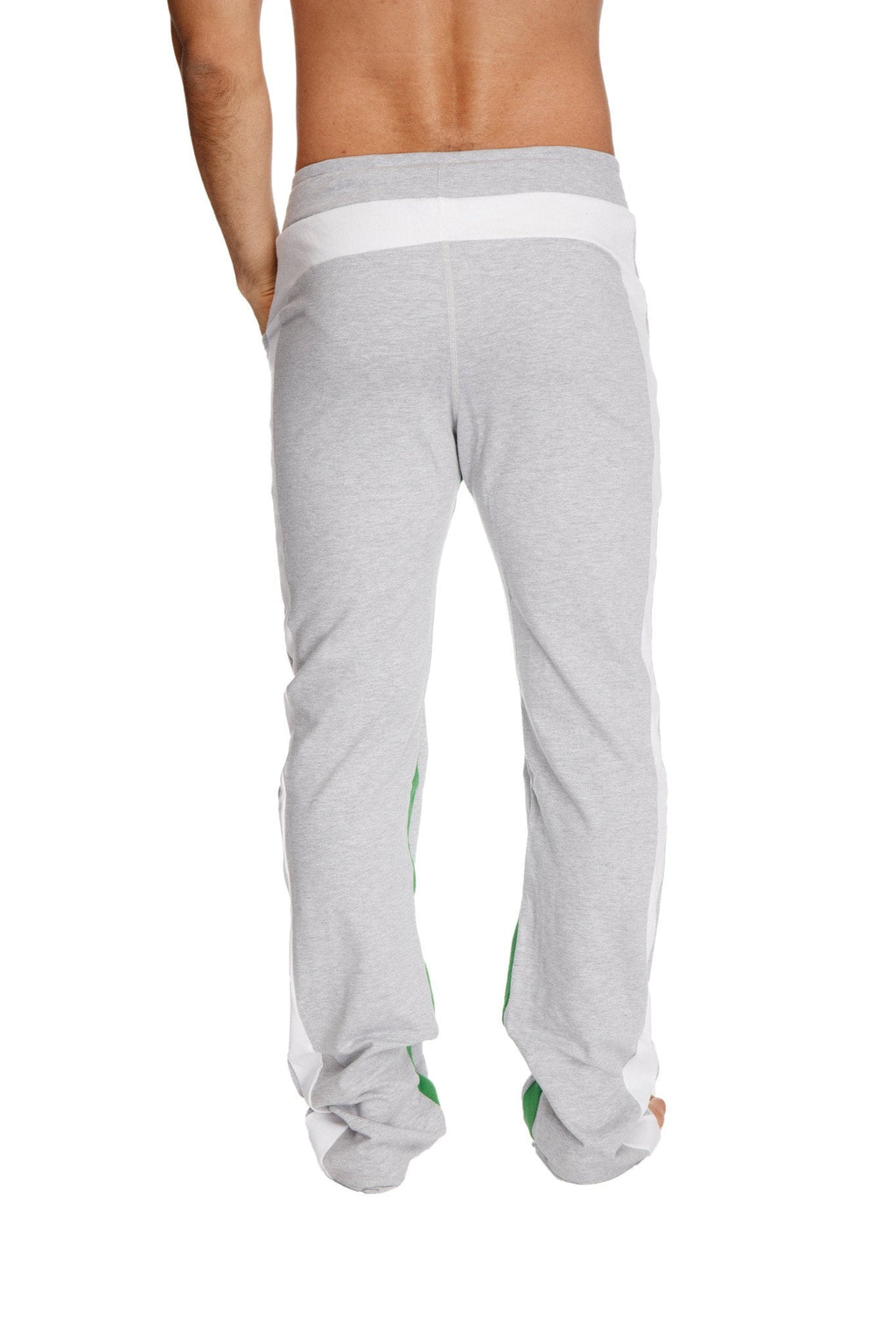 Ultra flex yoga track and yoga sweat pant in grey with white and green side stripes for flexible comfort