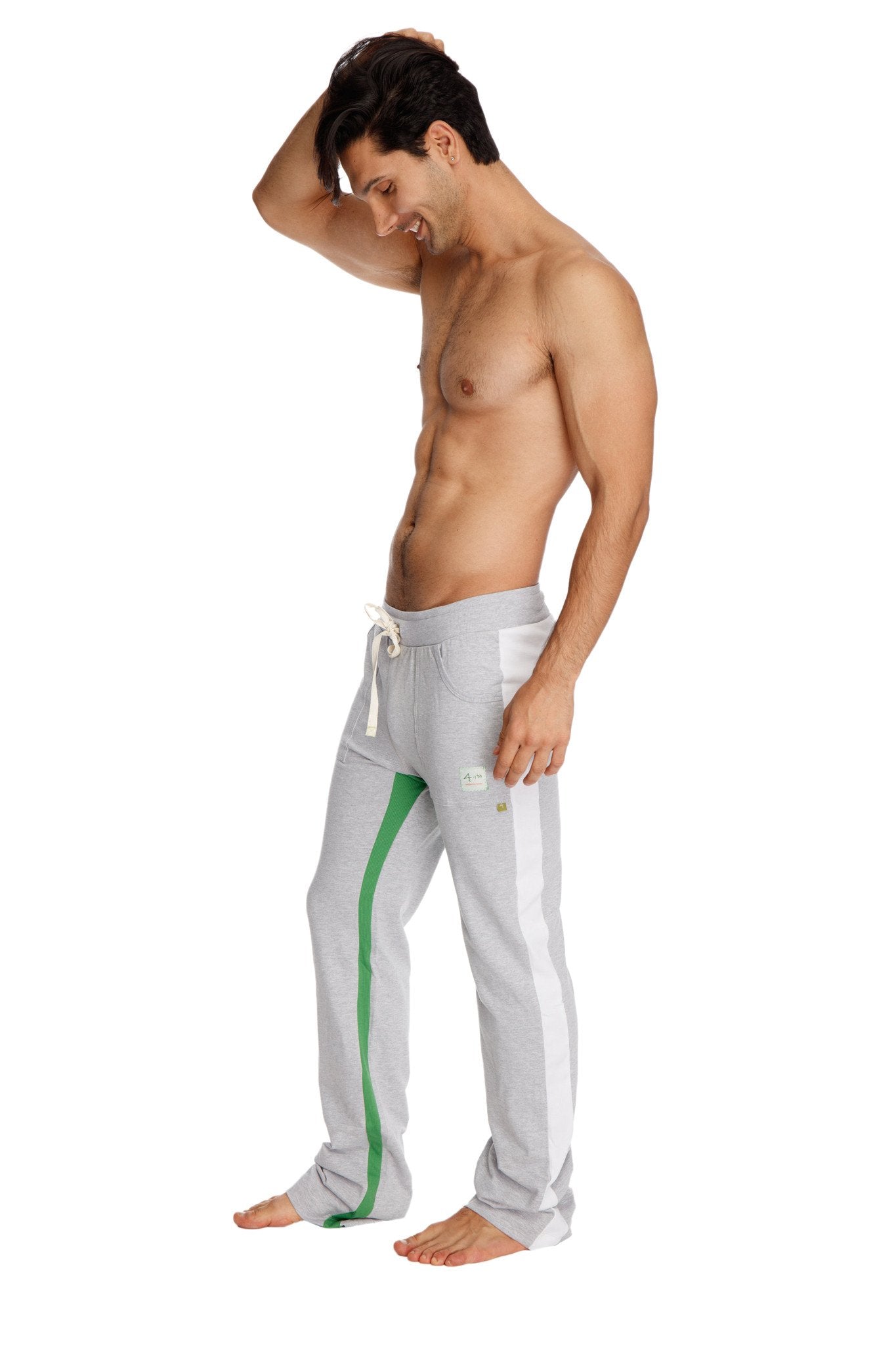Ultra flex yoga track and yoga sweat pant grey with white drawstrings and a vertical green stripe down the side
