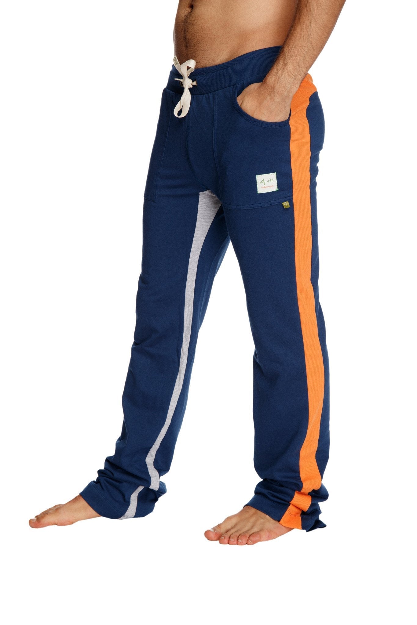 Ultra flex yoga track sweatpants in royal blue with bold orange and grey side stripes drawstring waist and cuffed ankles