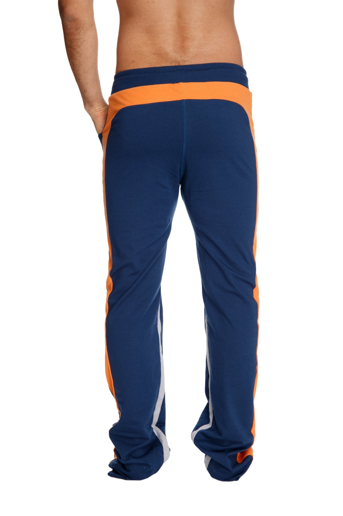Ultra flex yoga track sweat pant in royal blue navy with orange and white side stripes for athletic wear