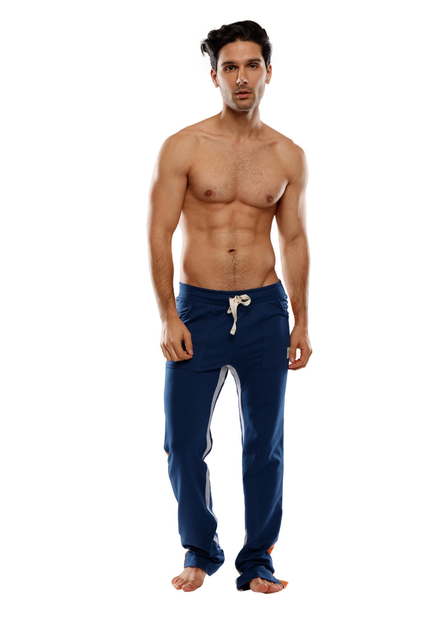Navy blue ultra flex yoga track joggers with white drawstring and side stripe detailing for athletic use