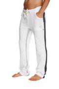 Ultra flex yoga sweatpants in white with black side stripe and cream drawstring designed for comfort and flexibility