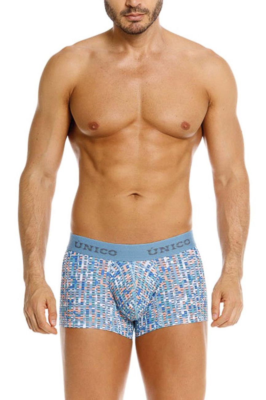 Blue patterned men’s boxer briefs with light blue unico waistband lignina trunks color 46-blue