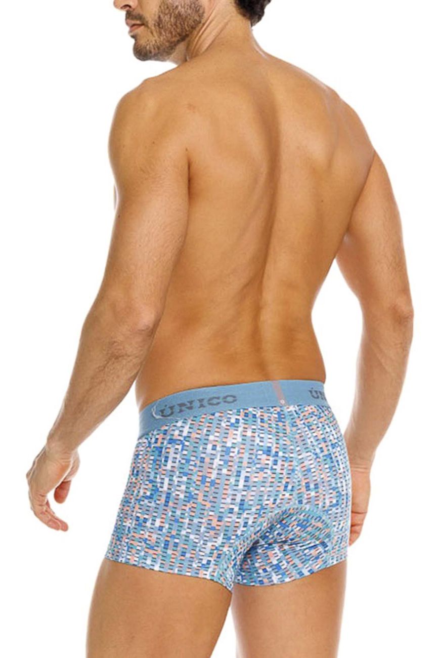 Blue and white patterned men’s boxer briefs with light blue unico elastic waistband from unico 26020100112 lignina trunks