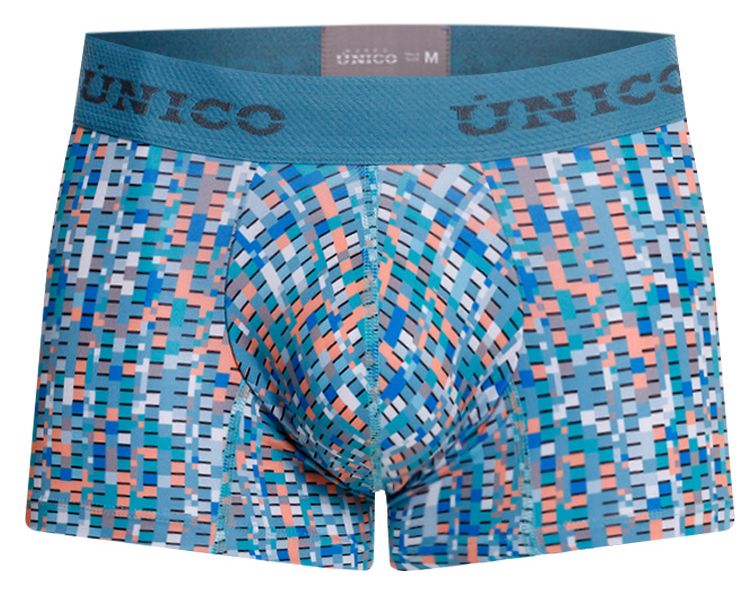 Unico 26020100112 Lignina trunks men’s boxer briefs in blue and coral pixelated pattern with teal elastic waistband