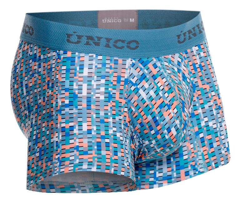 Unico 26020100112 lignina trunks men’s boxer briefs with blue and coral pixelated pattern and teal elastic waistband