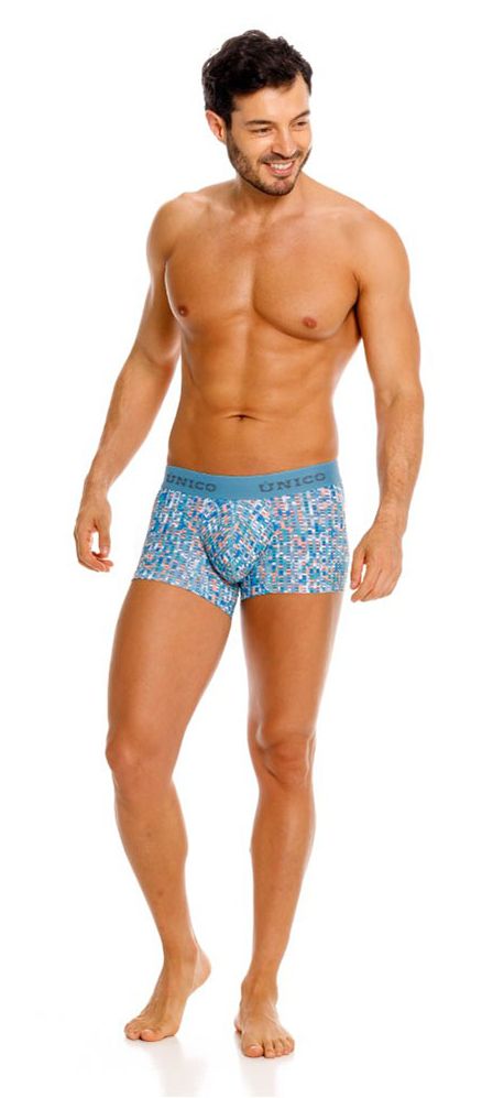 Blue patterned briefs with light blue elastic waistband from Unico lignina trunks color 46-blue collection