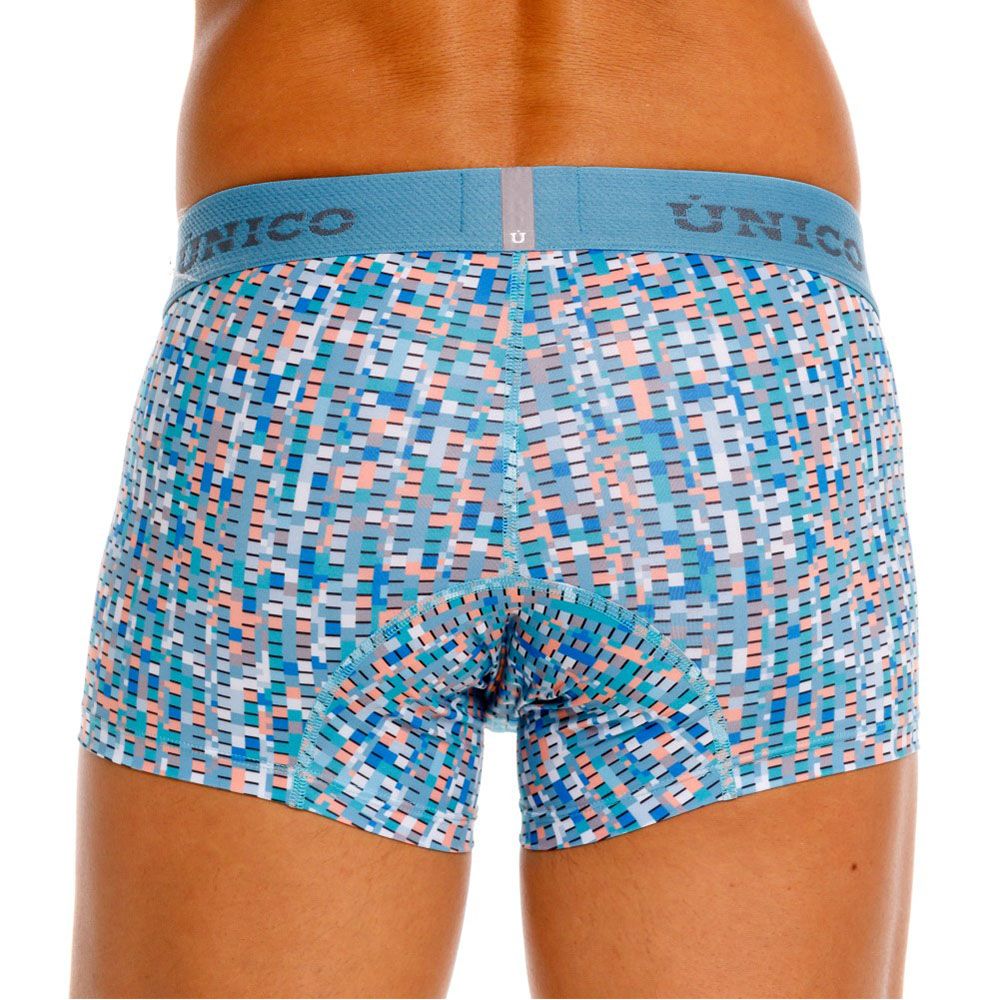 Unico 26020100112 Lignina trunks mens boxer briefs in blue and peach geometric pattern with matching elastic waistband