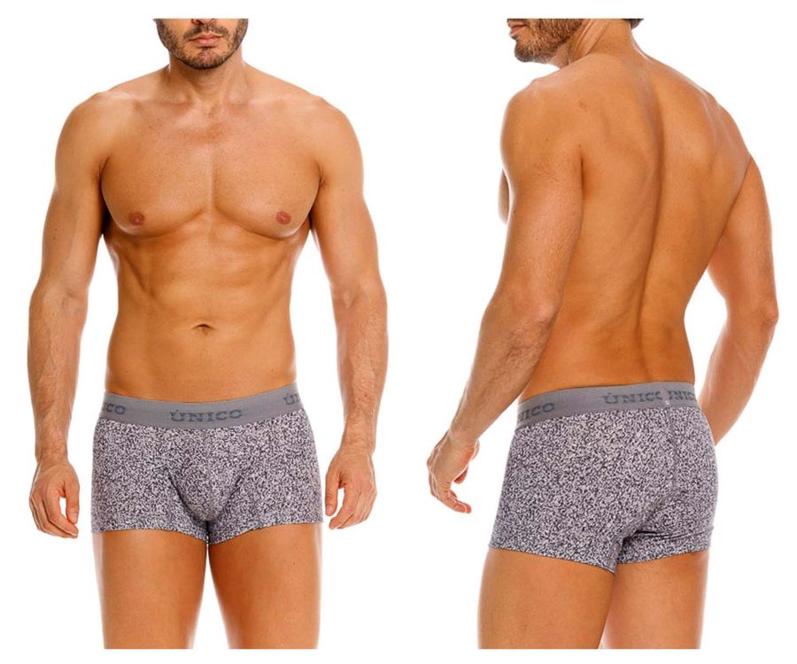 Gray suede trunks with a subtle speckled pattern and solid gray waistband featuring unico brand name color 59-gray