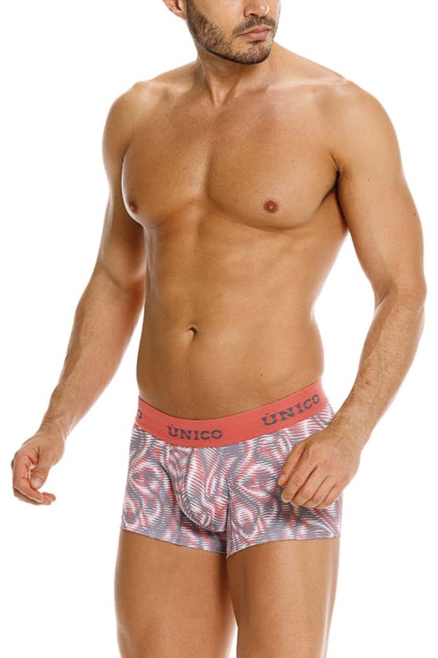 Men’s unico 26020100116 acanalado trunks with pink and gray abstract pattern and coral waistband boxer briefs