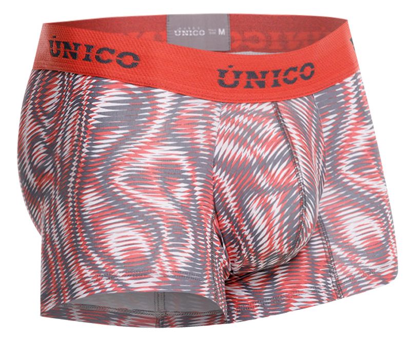 Red and gray patterned unico men’s acanalado trunks with bold abstract design in color 22 pink fabric