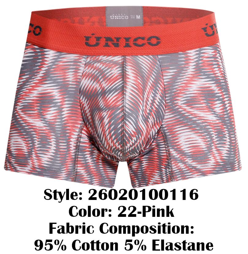 Unico 26020100116 acanalado trunks pink men’s boxer briefs with red and gray bold abstract wave pattern