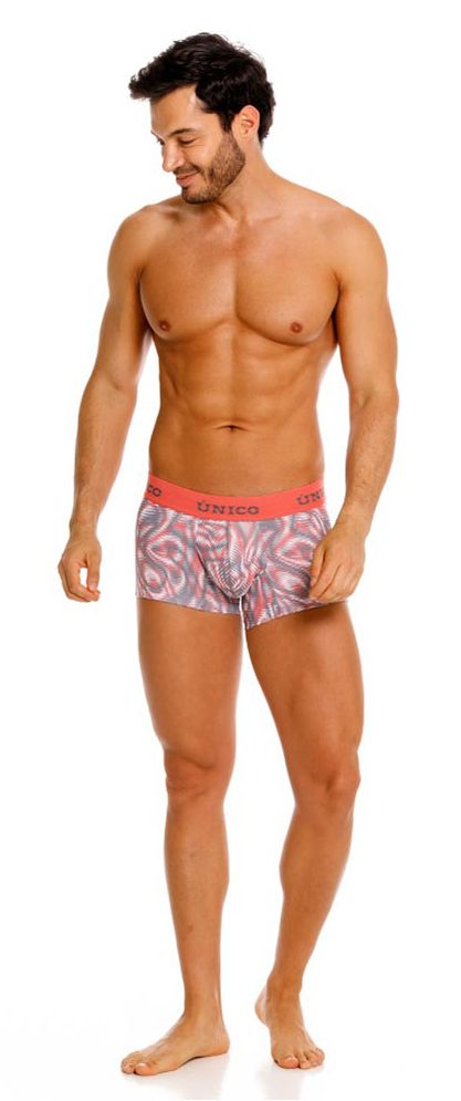 Unico acanalado trunks color 22 pink patterned boxer briefs with vibrant pink waistband and swirling gray white black design