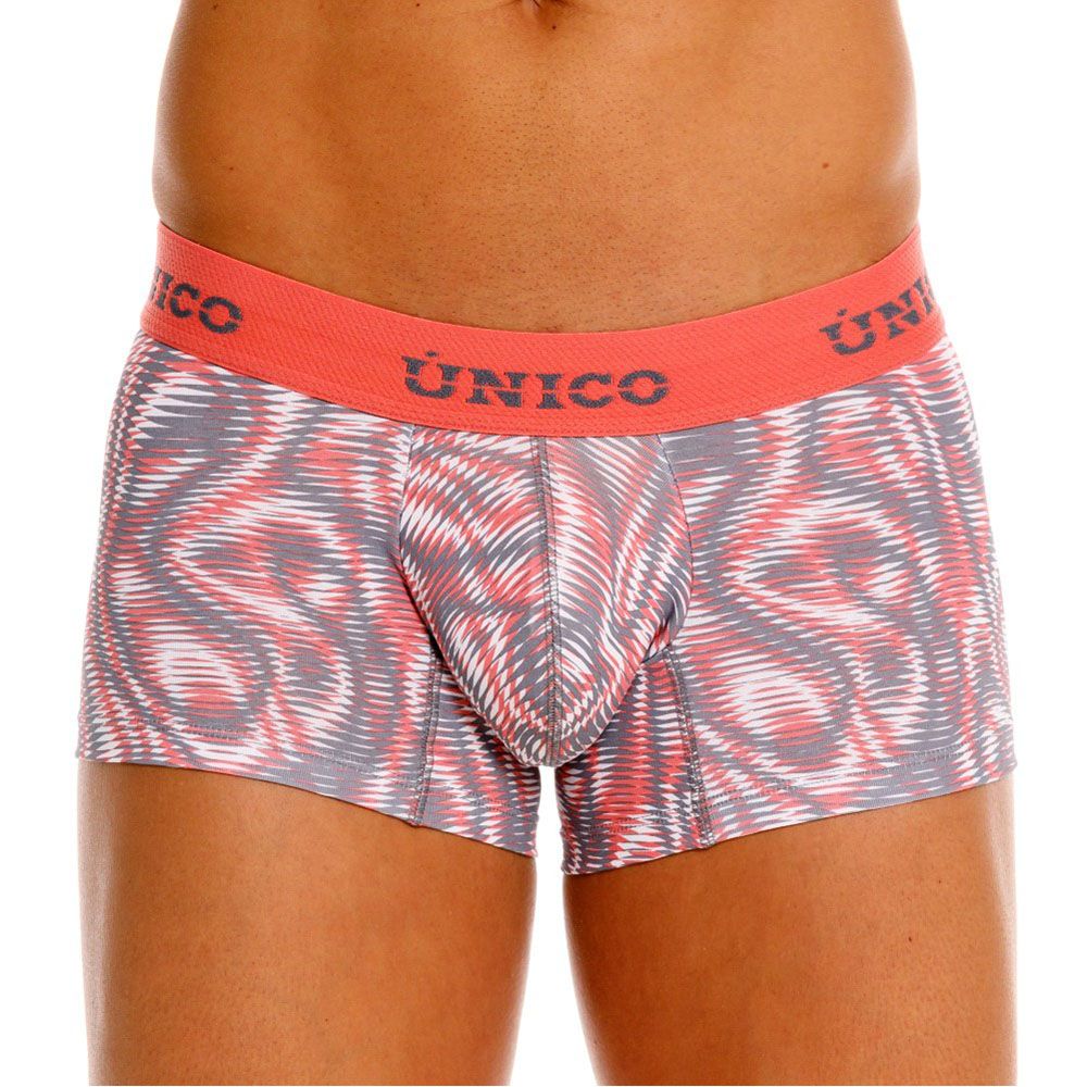 Unico 26020100116 acanalado trunks men’s boxer briefs with pink and gray abstract pattern and coral waistband