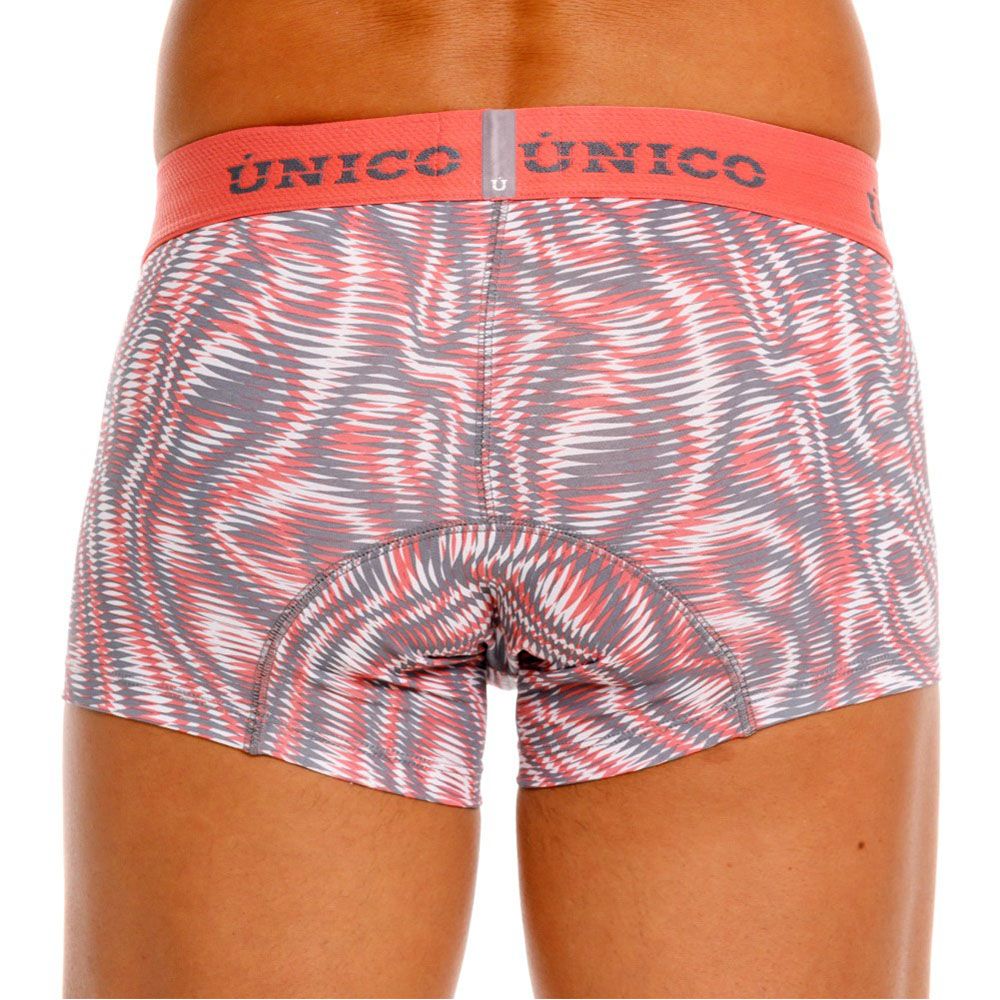 A pair of unico 26020100116 acanalado trunks men’s boxer briefs with pink gray white swirl pattern and orange waistband