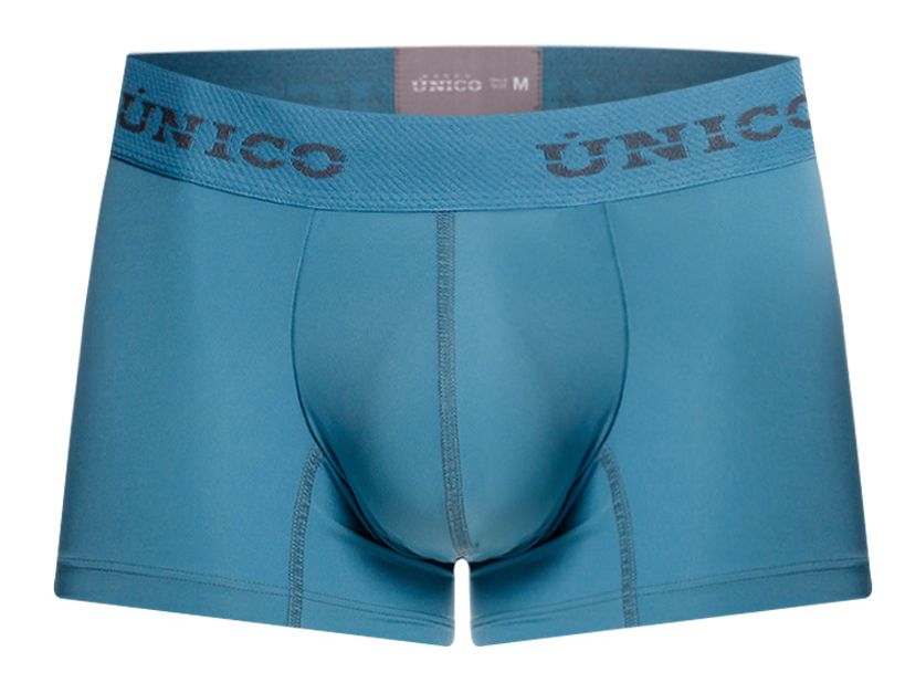 Blue unico 26020100118 ventisca trunks with a matching waistband and dark gray brand name lettering