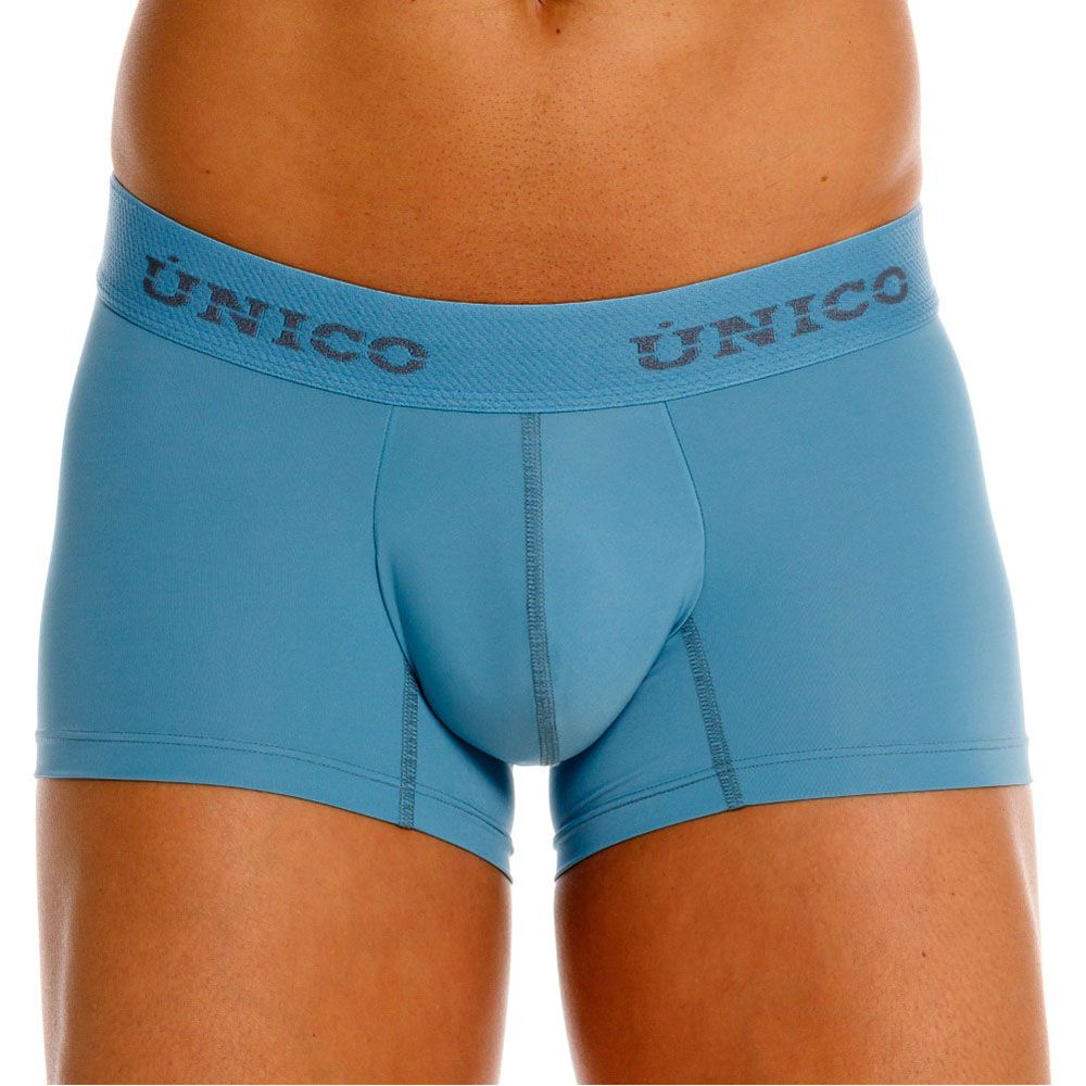 Light blue unico 26020100118 ventisca trunks briefs with textured waistband and gray brand name lettering