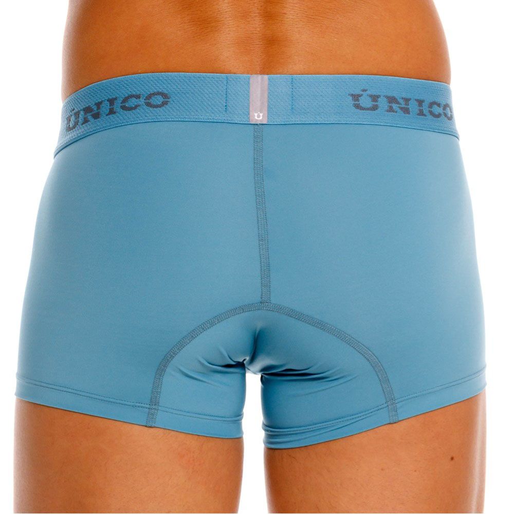 Light blue unico ventisca trunks with matching elastic waistband featuring brand name in dark gray lettering