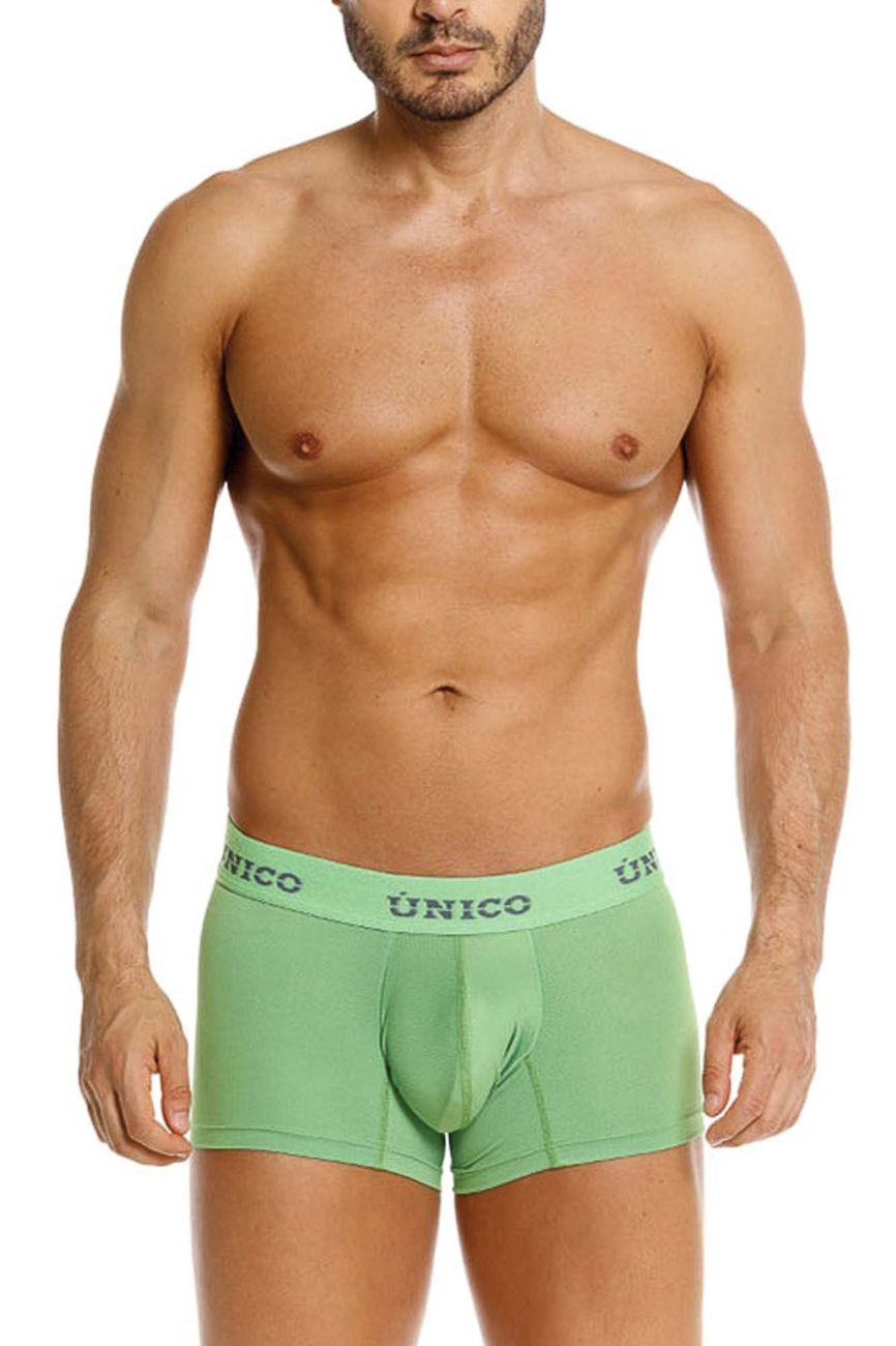 Light green Unico briefs with subtle elastic waistband featuring dark gray Unico branding Frog Trunks color 43-Green