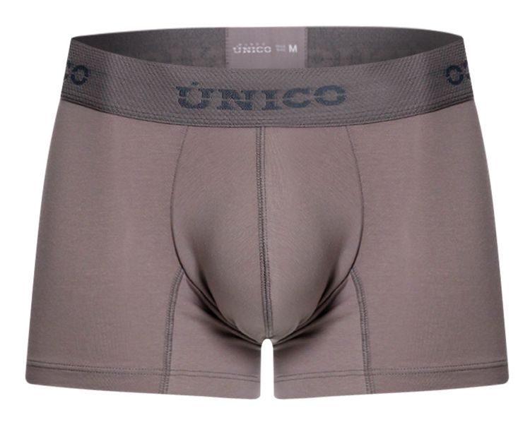 Gray unico men’s boxer briefs with matching elastic waistband branded unico size visible ruano trunks color 59-gray