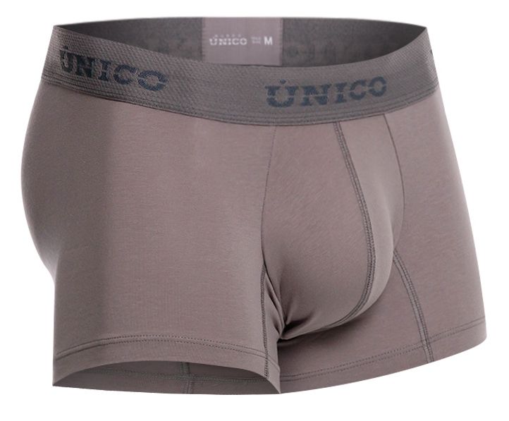 Gray unico men’s boxer briefs with matching elastic waistband featuring the brand logo in color 59-gray