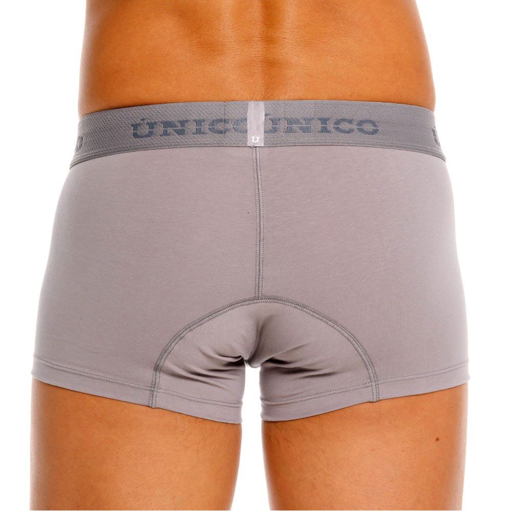 Gray unico ruano trunks briefs with matching elastic waistband featuring dark gray unico branding in color 59 gray
