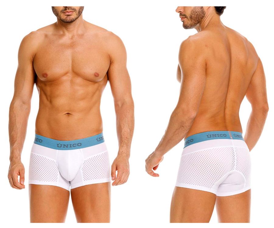 White mesh unico sedoso trunks with light blue elastic waistband and unico brand name in color 00 white