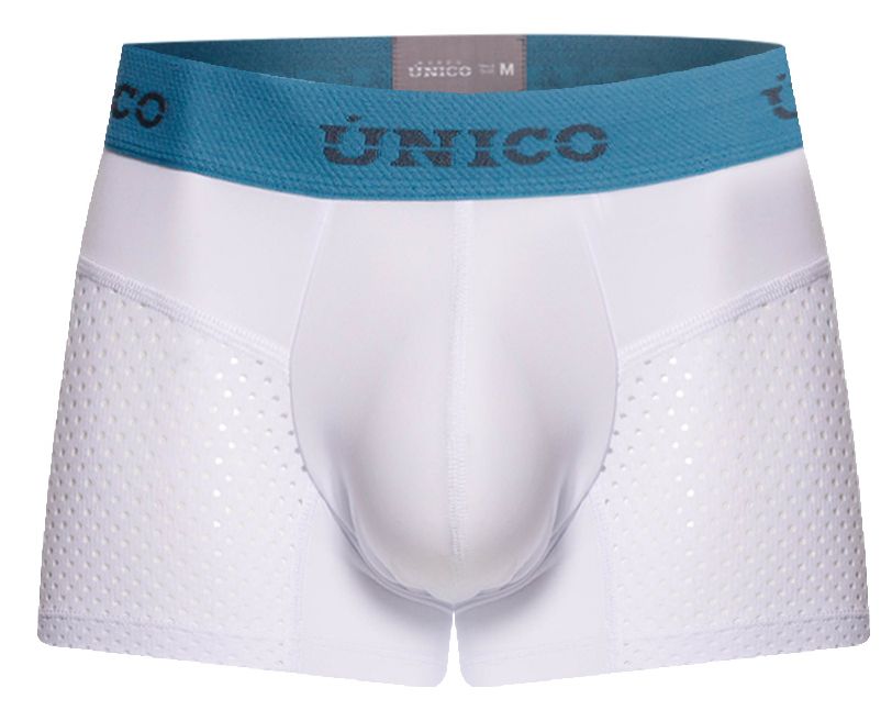 White unico men’s boxer briefs with teal waistband and perforated side panels from the sedoso trunks collection