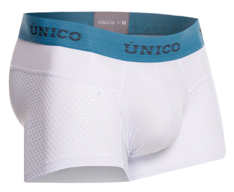 White unico men’s boxer briefs with blue branded waistband and perforated mesh side panels in sedoso fabric