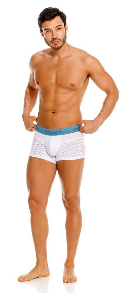 White mesh unico sedoso trunks briefs with light blue elastic waistband for breathable comfort color white
