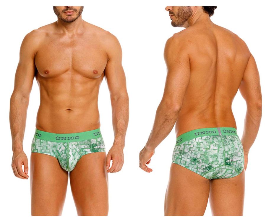 Green patterned unico briefs with solid green waistband featuring the unico brand name color 43 green