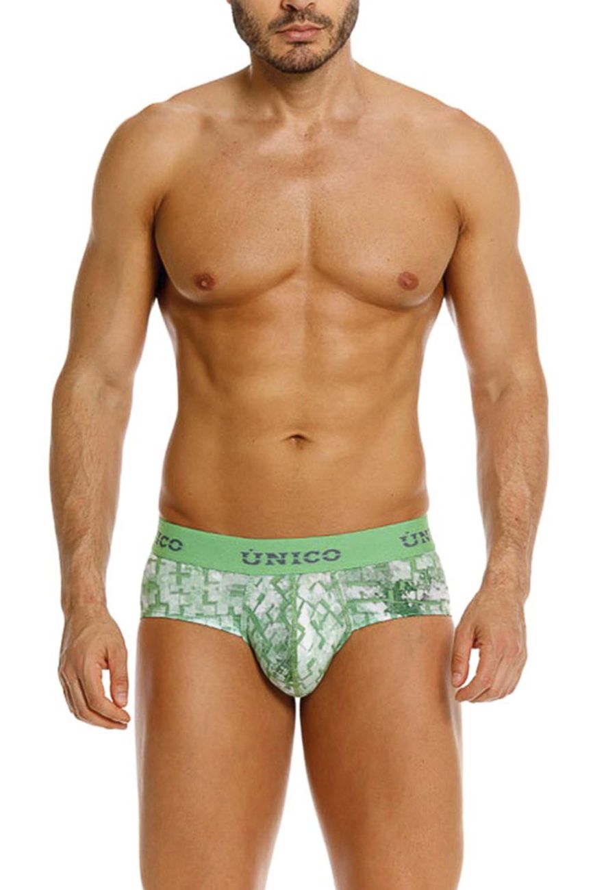 Green patterned unico piramide briefs with a solid green waistband featuring the unico brand name