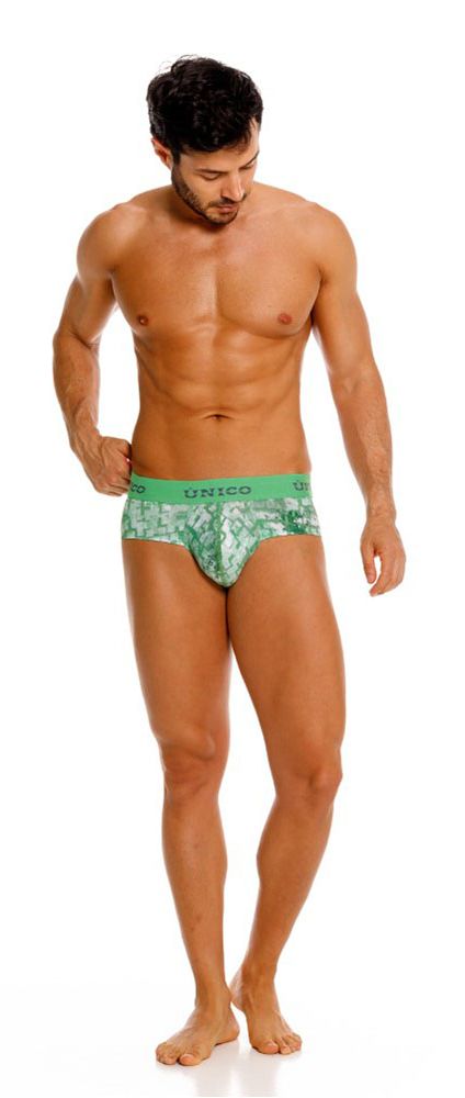 Green patterned unico 26020101102 piramide briefs with solid green waistband for comfortable everyday wear