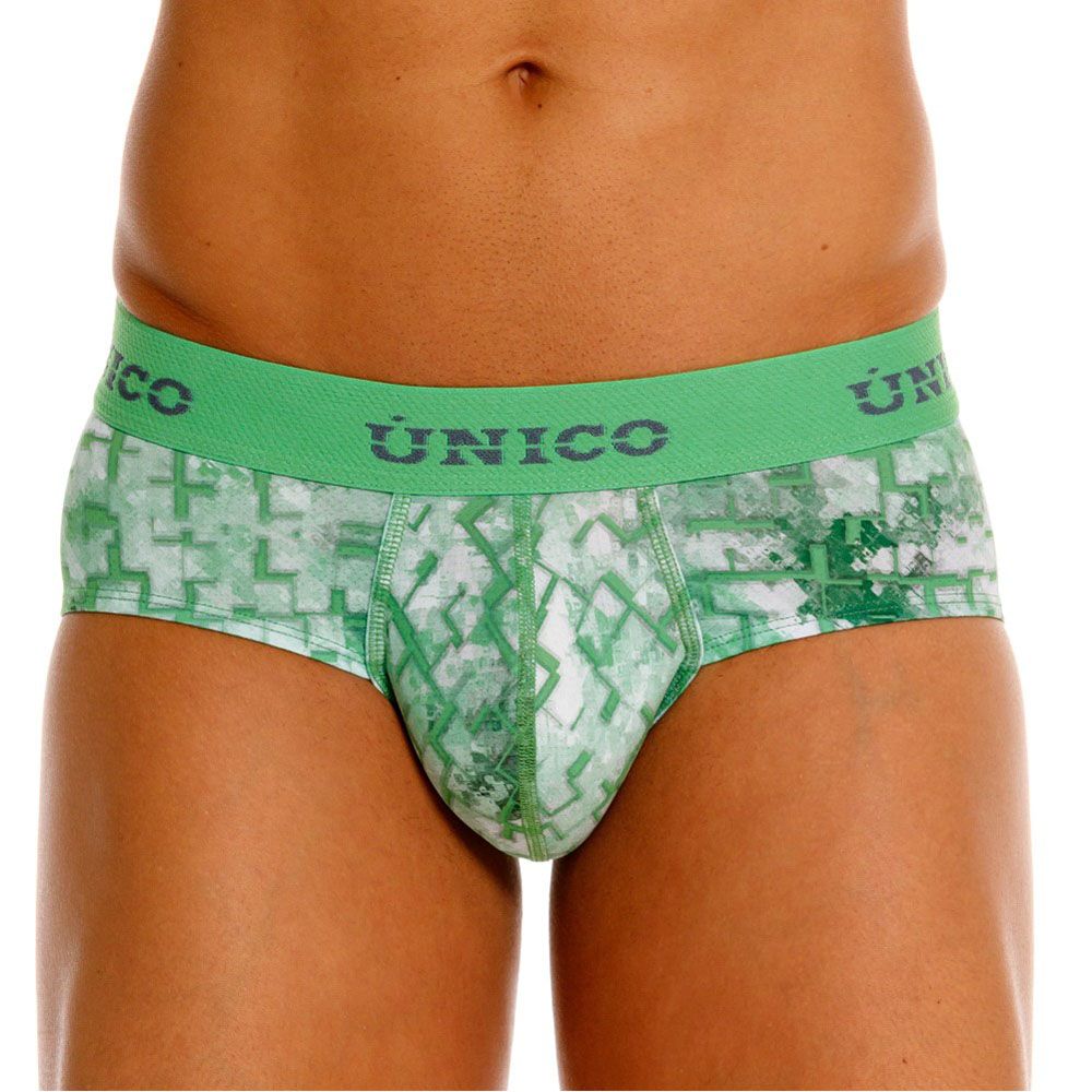 Green and white patterned unico piramide briefs for men with a geometric design in color 43 green