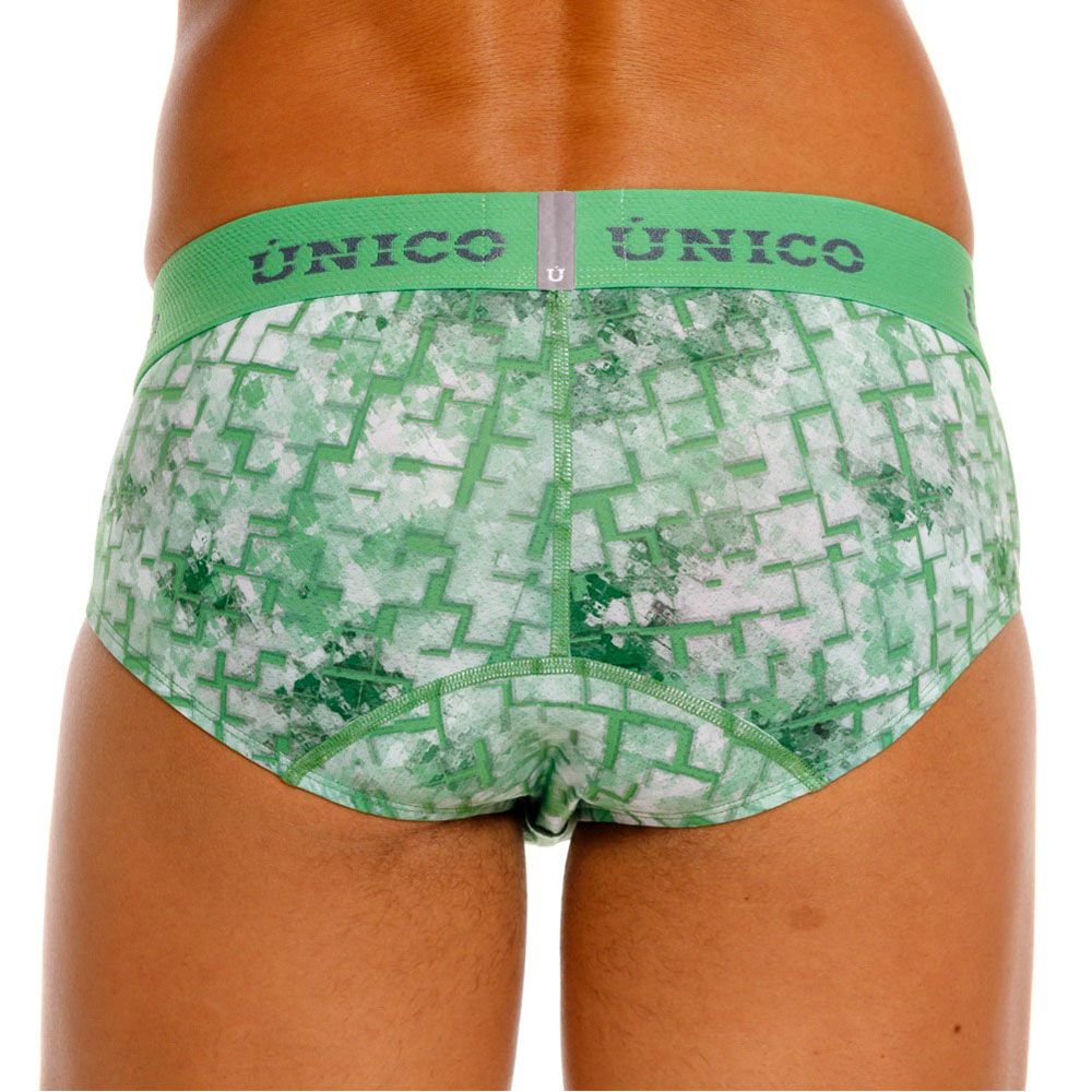 Green and white patterned unico 26020101102 piramide briefs with geometric design in cotton fabric