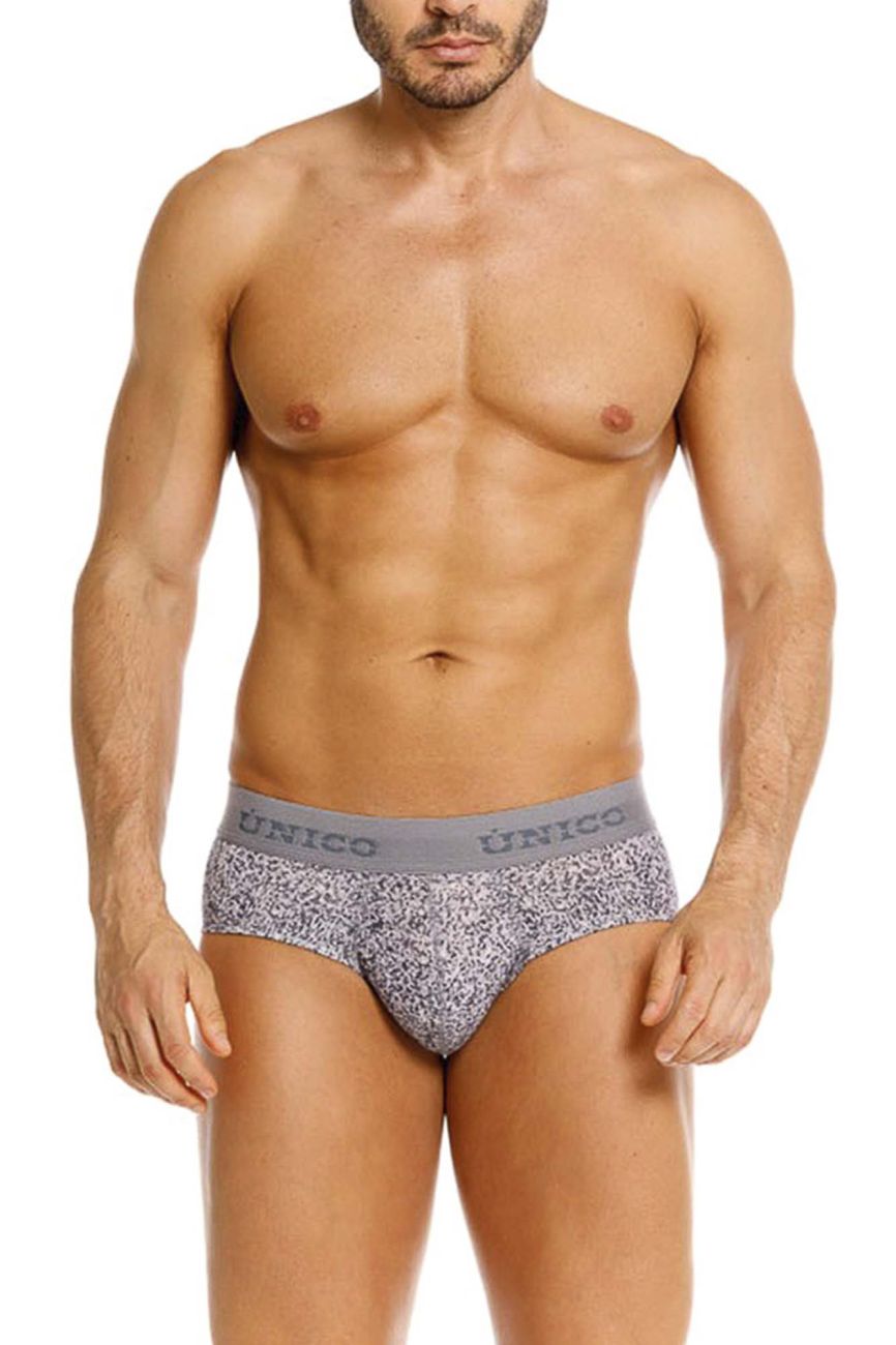 Gray patterned suede briefs with solid gray waistband featuring unico brand name color 59 gray