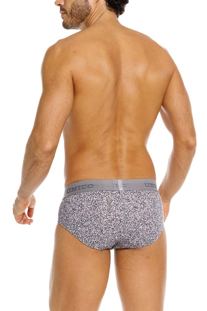 Unico 26020101114 suede briefs in gray with white speckles and gray elastic waistband featuring the unico brand name