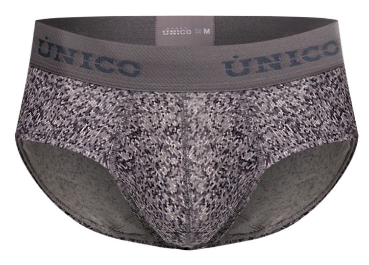 Gray and black speckled unico 26020101114 suede briefs with a solid gray waistband and unico branding