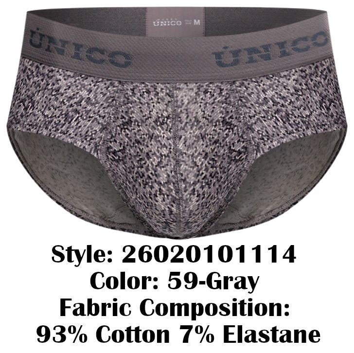Gray patterned unico suede briefs with textured fabric and elastic waistband for comfortable everyday wear