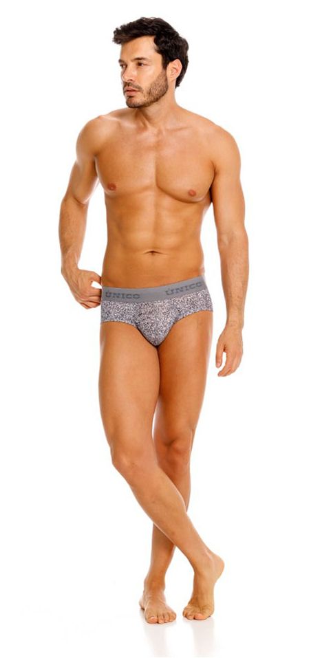 Gray patterned men’s suede briefs with a solid gray waistband featuring the unico brand name color 59 gray