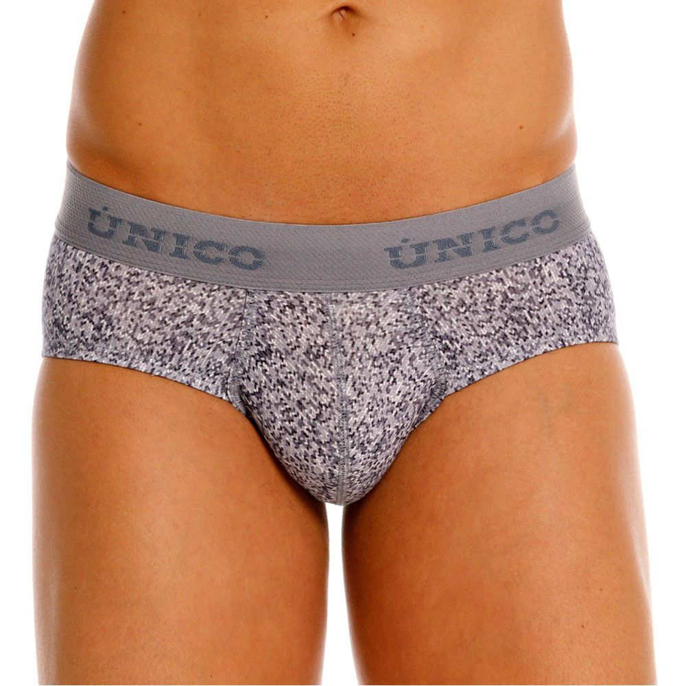 Gray suede briefs with patterned fabric and solid gray waistband featuring the único brand name