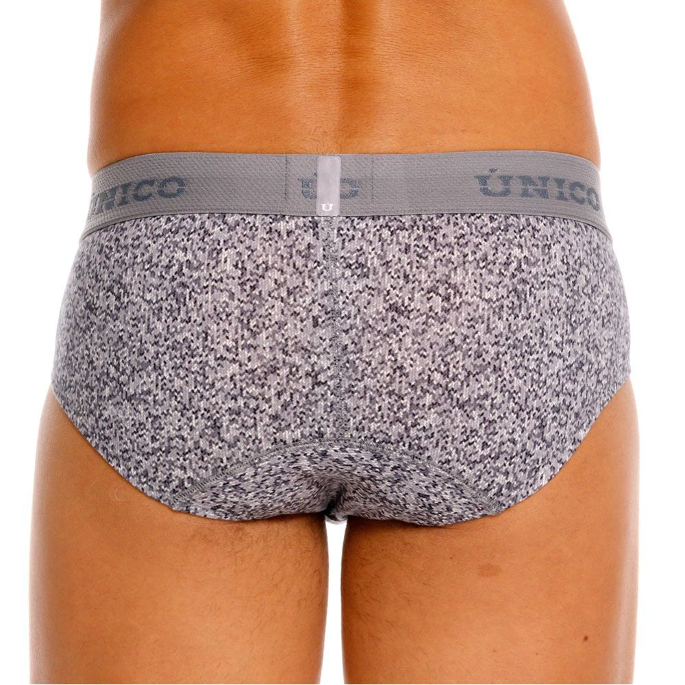 Gray and white speckled suede briefs with matching unico elastic waistband color 59 gray front view