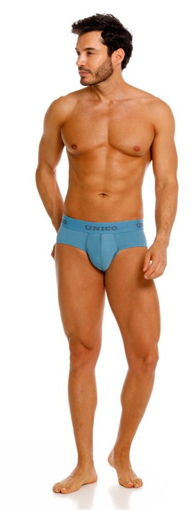 A pair of unico 26020101118 ventisca blue men’s briefs in smooth stretchy fabric with unico on the waistband