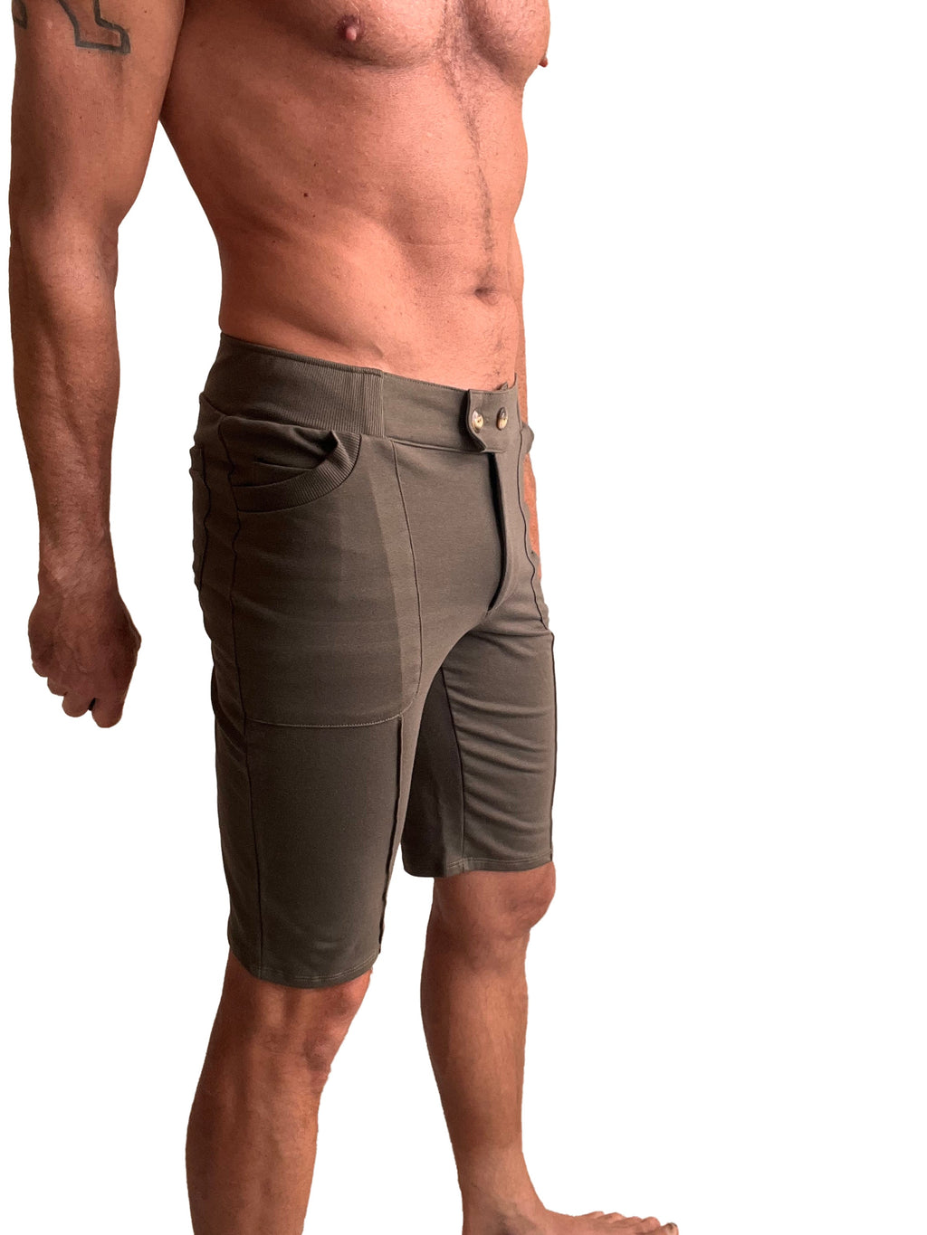 Olive green urban tactical at home dress shorts with multiple pockets and button closure in cargo style